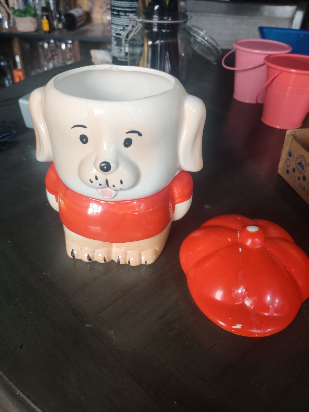 Vintage Puppy Cookie Jar - Red and Cream Ceramic Treat Container - Picture 2 of 5